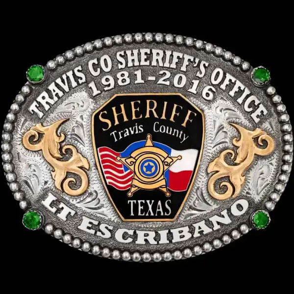 "Our Creedmoor Buckle is a powerful emblem of dedication and honor to your law enforcement agency. This buckle is crafted on a hand-engraved, German Silver base. Our craftsmen included a beautiful beaded edge, Jeweler's Bronze scrolls and 4 cubic zir